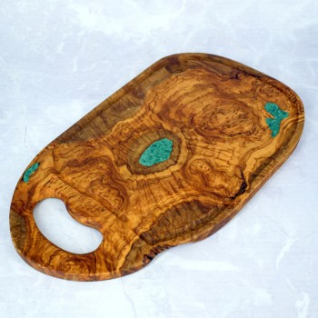 Decorative Board 42 cm Olive Wood + Malachite – Serving, Gift