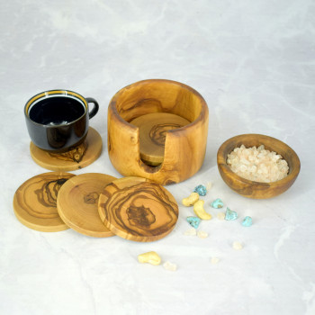 Podkładki pod kubki z drewna oliwnego – zestaw 6 szt. + stojak | Woodenthick