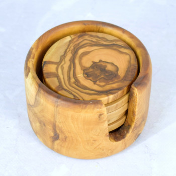 Podkładki pod kubki z drewna oliwnego – zestaw 6 szt. + stojak | Woodenthick