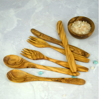 Olive Wood Cutlery 20 cm – 3-Piece Set: Spoon, Fork, Knife – Kitchen